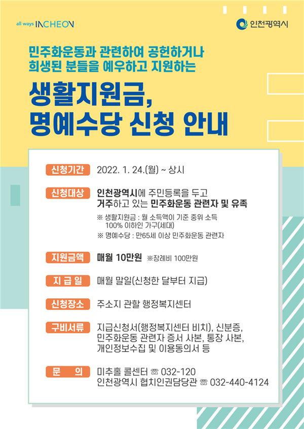 인천시, 올해부터 민주화운동 관련자와 유족에 매월 10만원씩 지급