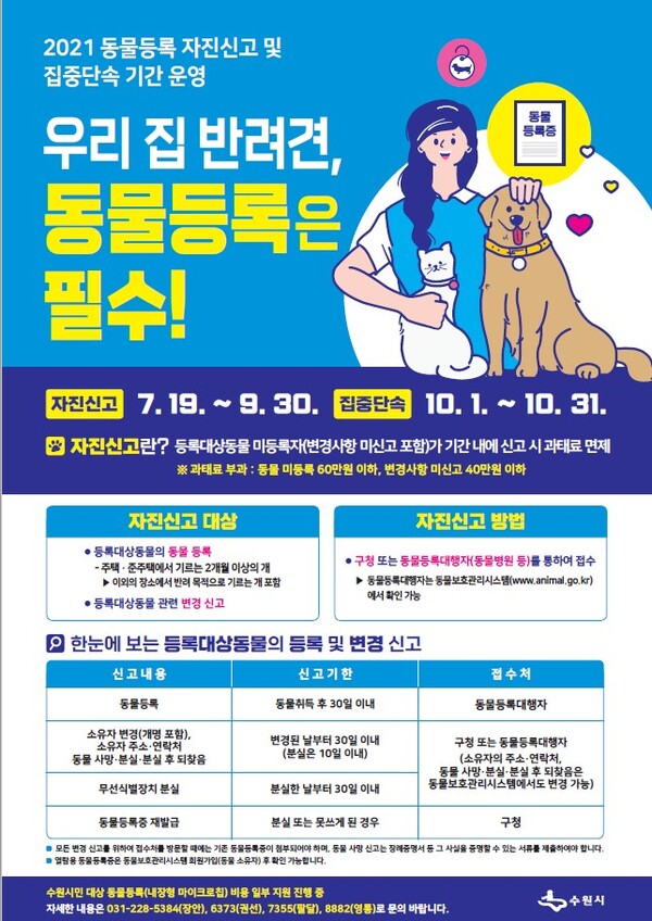 수원시, 9월 30일까지 ‘동물등록 자진신고 기간’ 운영
