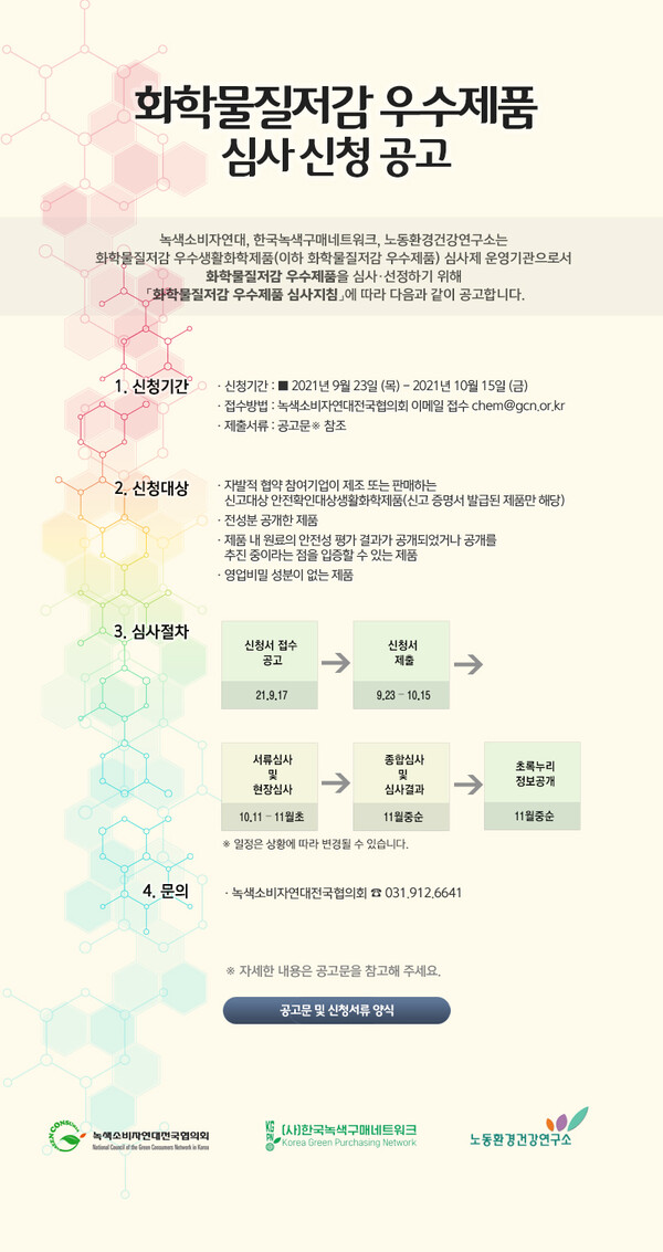 녹색소비자연대전국협의회, 안전성 높은 원료를 사용한  ’화학물질저감 우수제품’ 신청 모집