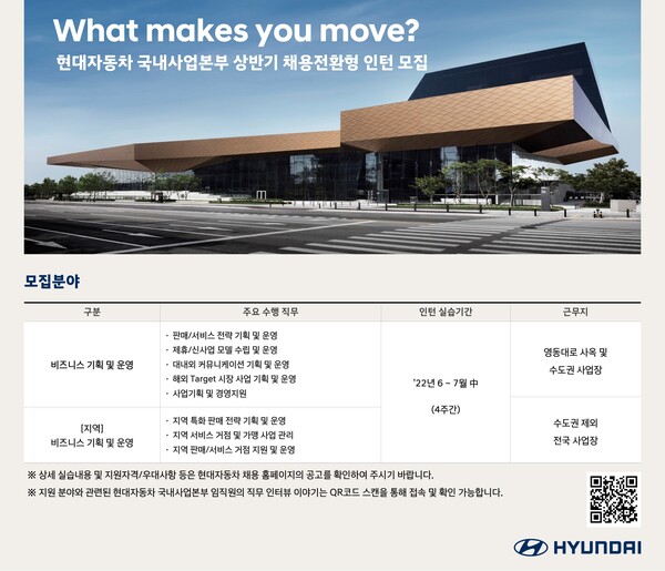 현대자동차 국내사업본부 상반기 채용전환형 인턴 모집