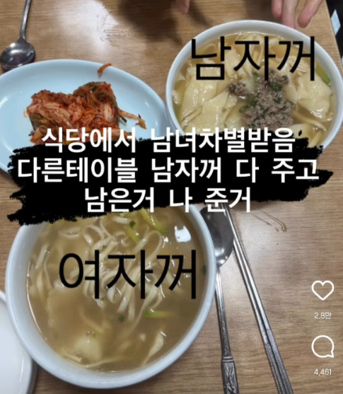 남은  걸 여자 것으로? 강남 칼국수집 남녀차별 논란 